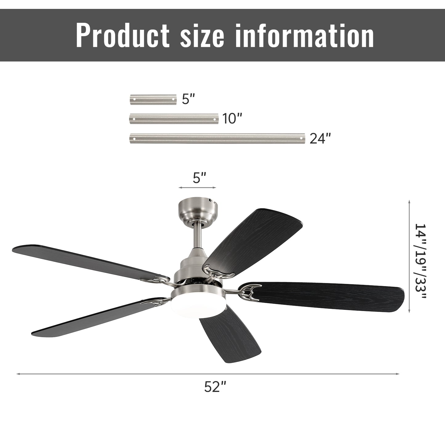 Mid-Century Modern Ceiling Fan With Light 52 inch Brushed whith Brown Black Blades