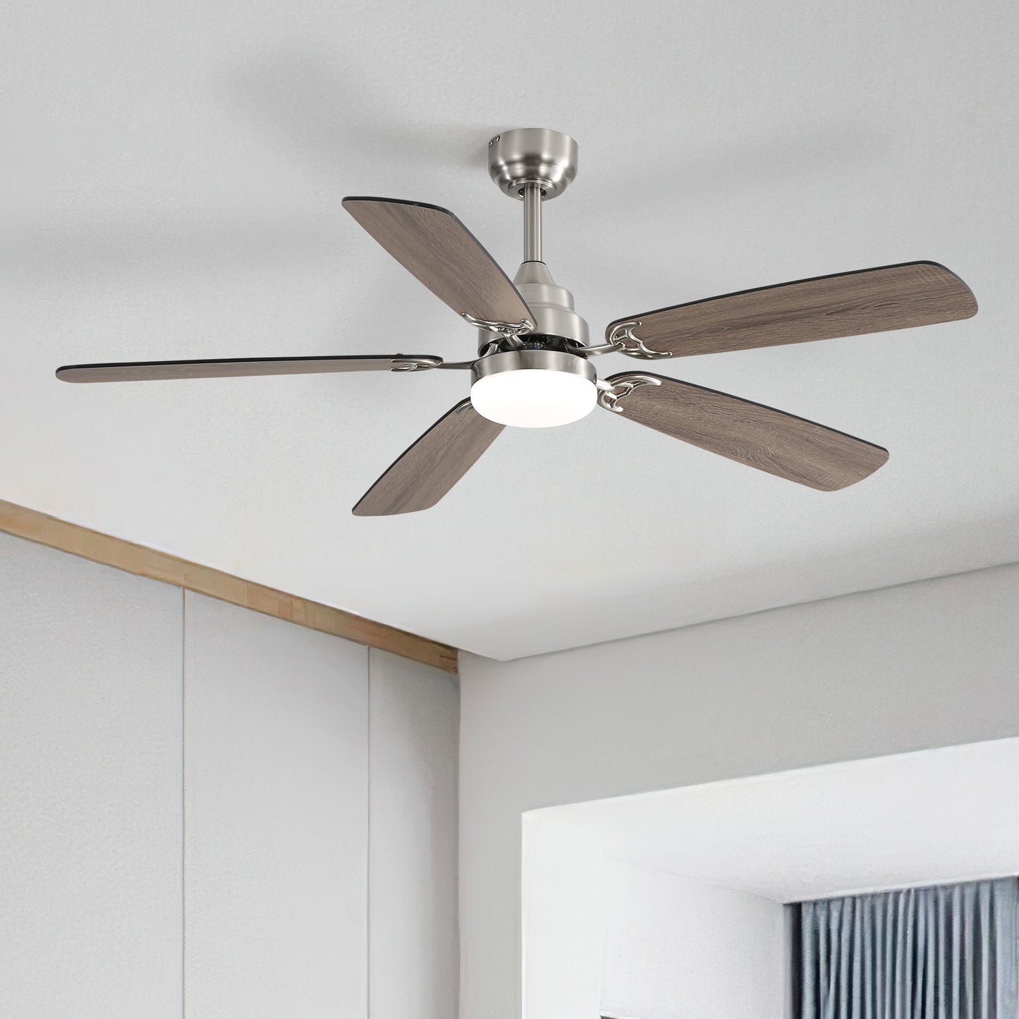 Mid-Century Modern Ceiling Fan With Light 52 inch Brushed whith Brown Black Blades