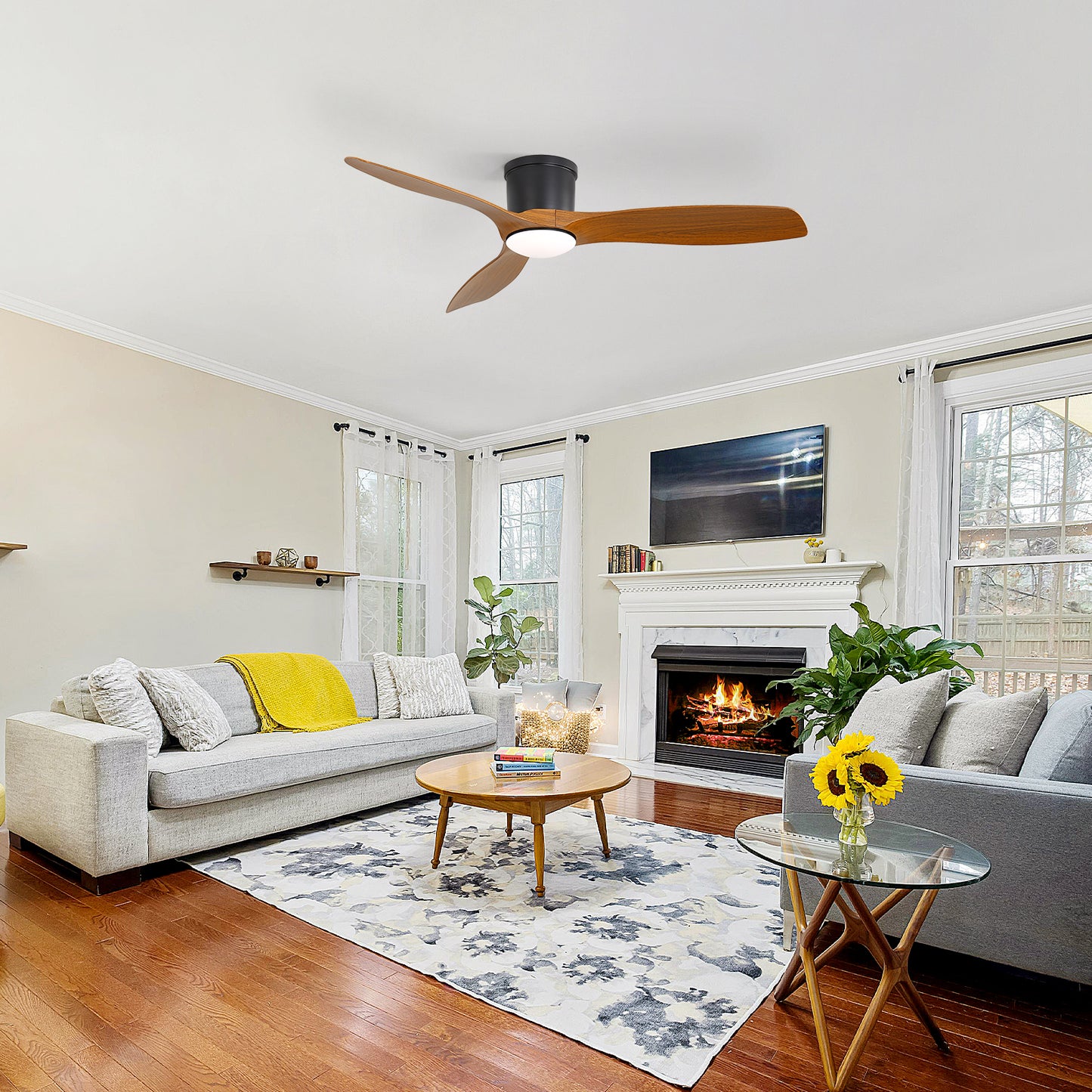 Sleek 52" Flush Mount Space Saving Smart APP & Remote Control 3-Blades Ceiling Fan with Light