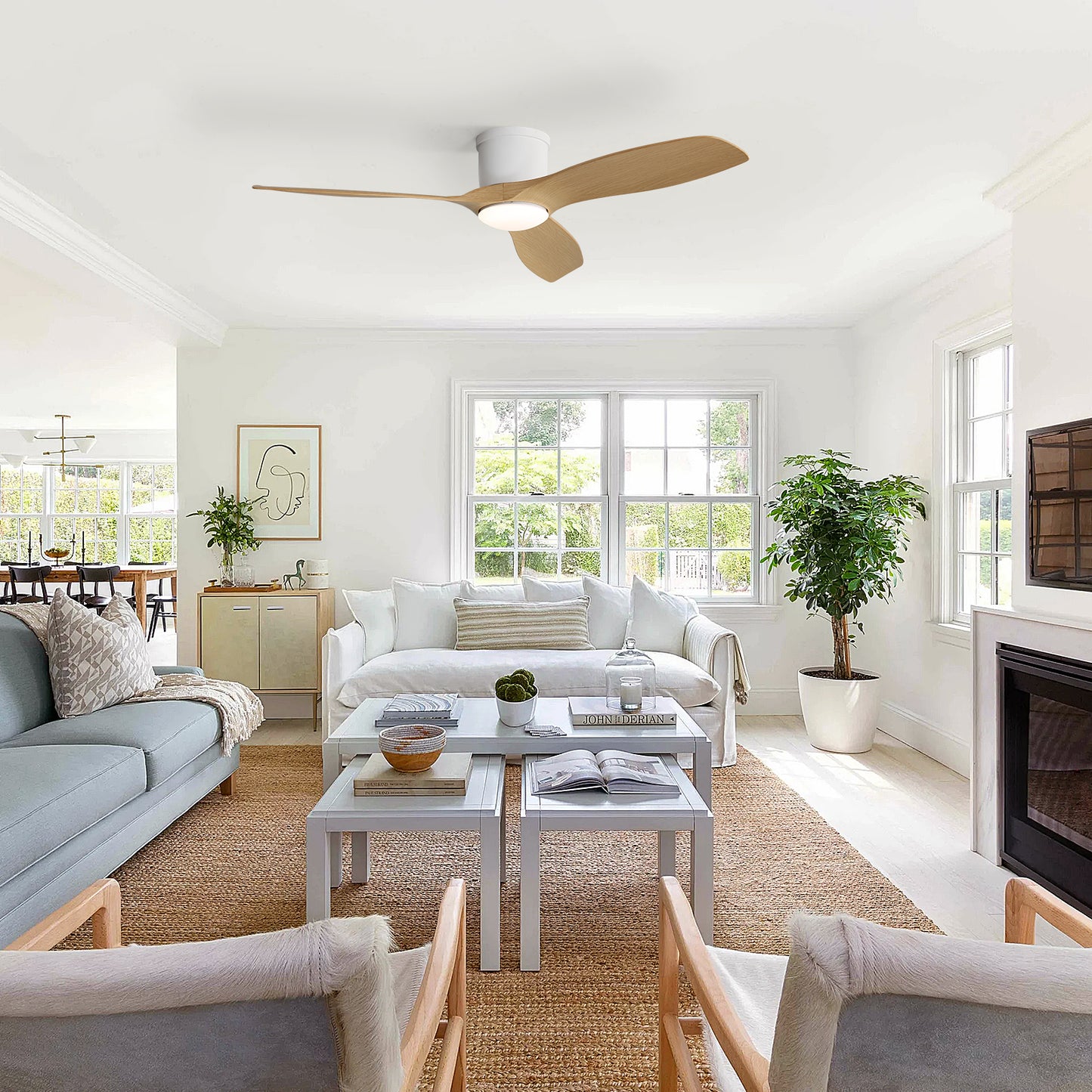 Sleek 52" Flush Mount Space Saving Smart APP & Remote Control 3-Blades Ceiling Fan with Light