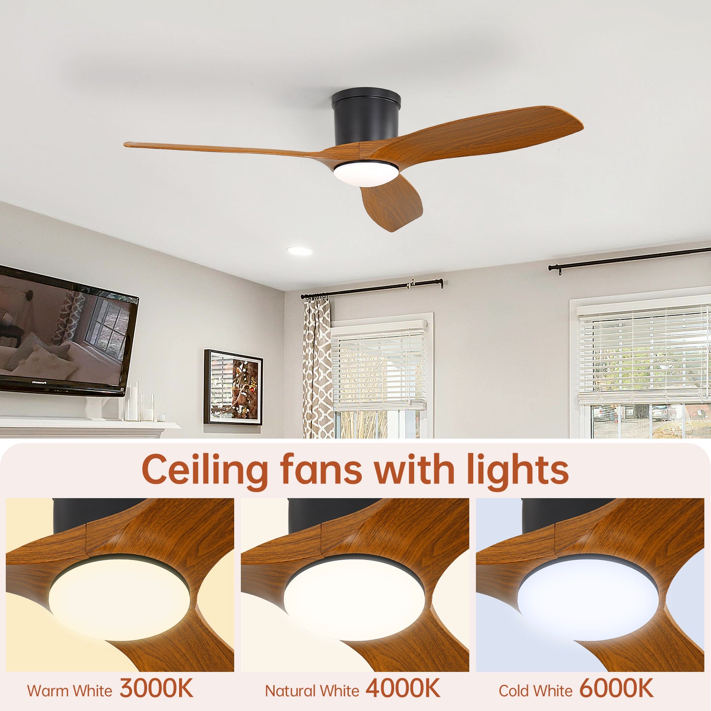 Sleek 52" Flush Mount Space Saving Smart APP & Remote Control 3-Blades Ceiling Fan with Light