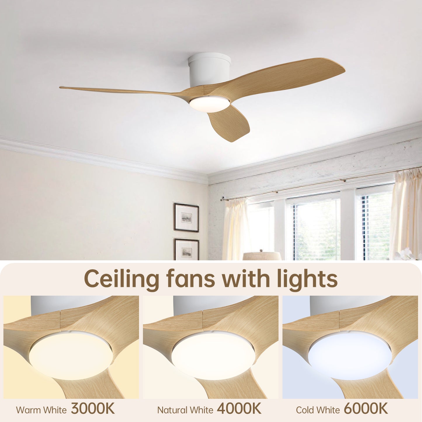 Sleek 52" Flush Mount Space Saving Smart APP & Remote Control 3-Blades Ceiling Fan with Light