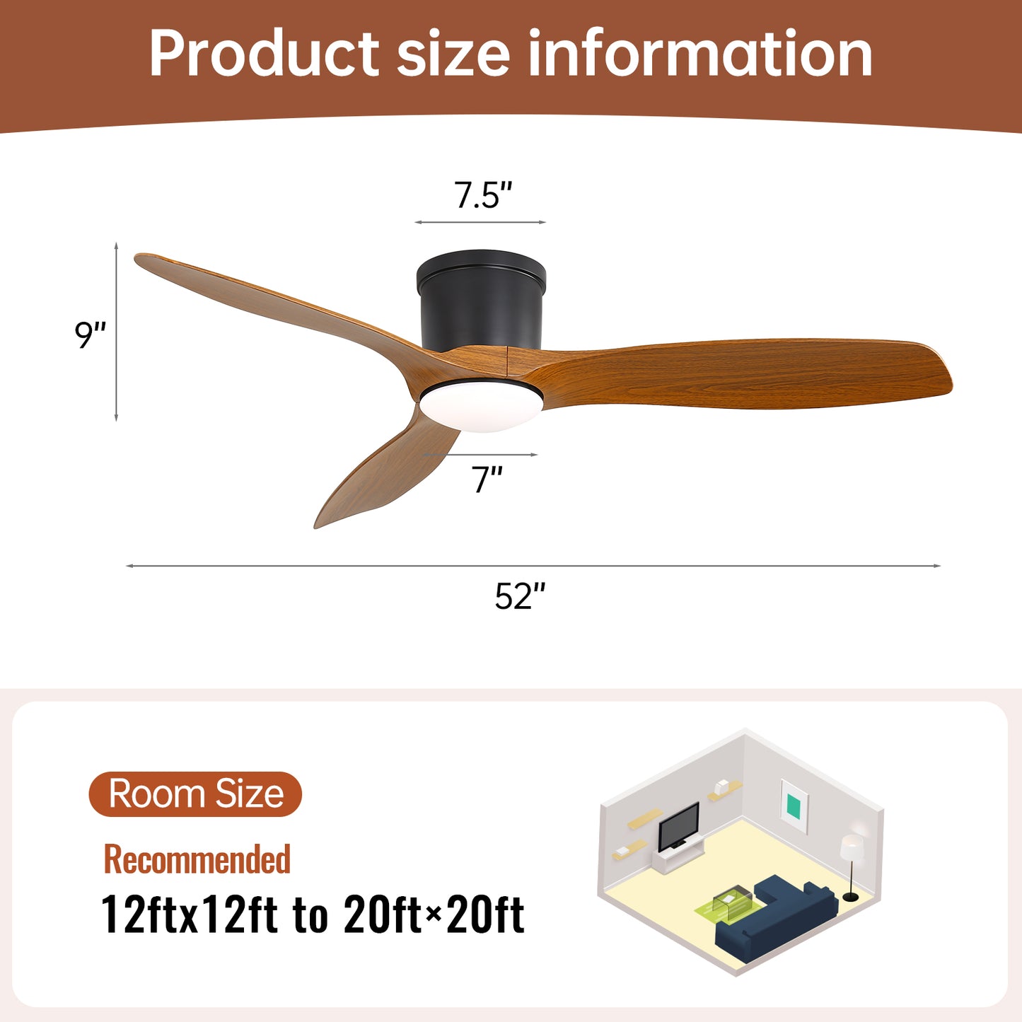 Sleek 52" Flush Mount Space Saving Smart APP & Remote Control 3-Blades Ceiling Fan with Light