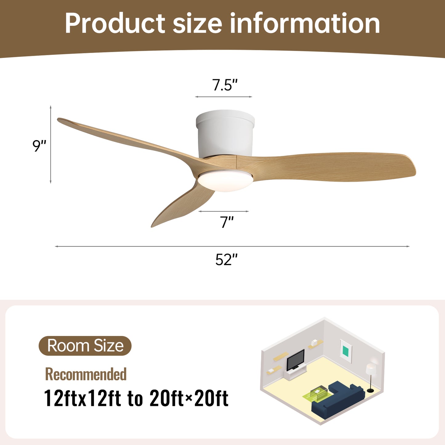 Sleek 52" Flush Mount Space Saving Smart APP & Remote Control 3-Blades Ceiling Fan with Light