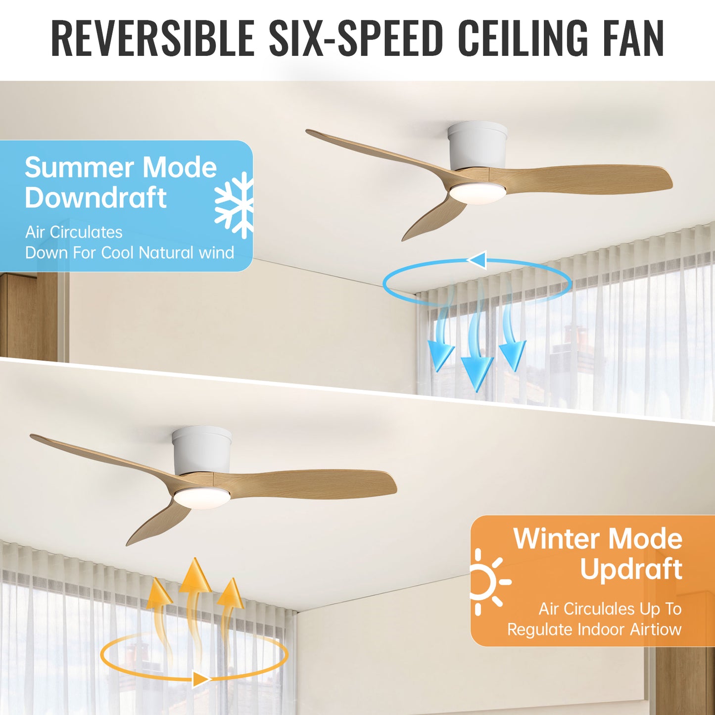 Sleek 52" Flush Mount Space Saving Smart APP & Remote Control 3-Blades Ceiling Fan with Light