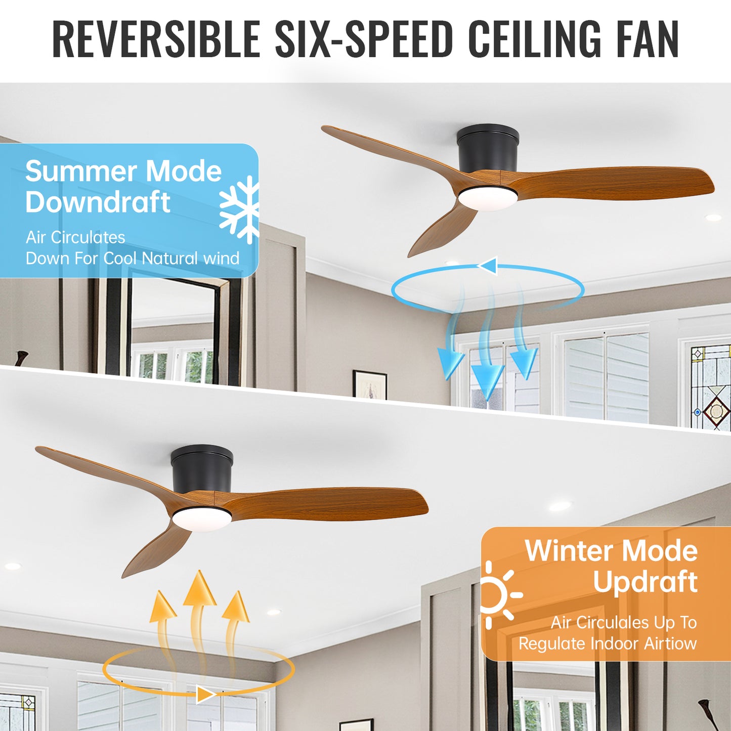 Sleek 52" Flush Mount Space Saving Smart APP & Remote Control 3-Blades Ceiling Fan with Light