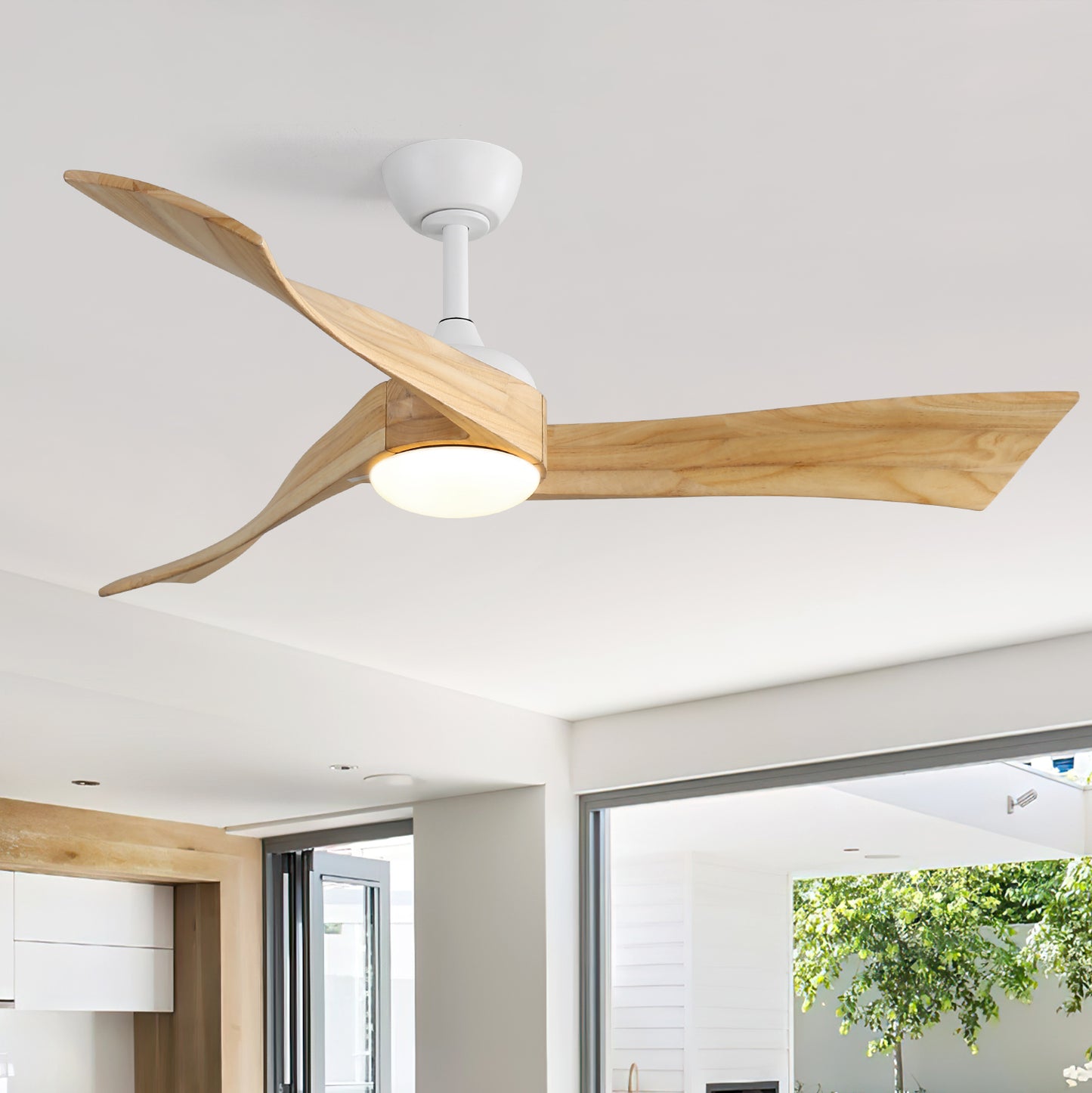 Savannah Outdoor Ceiling Fan with LED 52 inch White with Natural Wood Blades