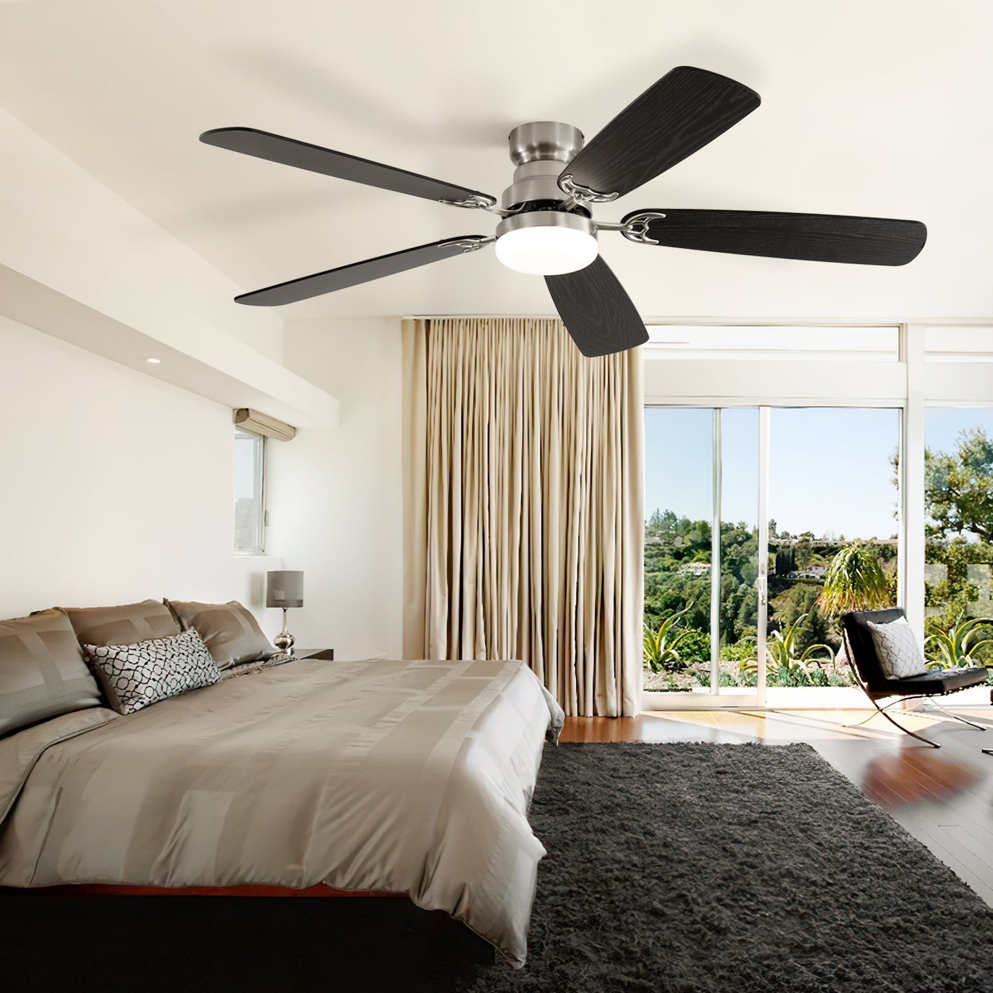 Mid-Century Modern Ceiling Fan With Light 52 inch Brushed whith Brown Black Blades