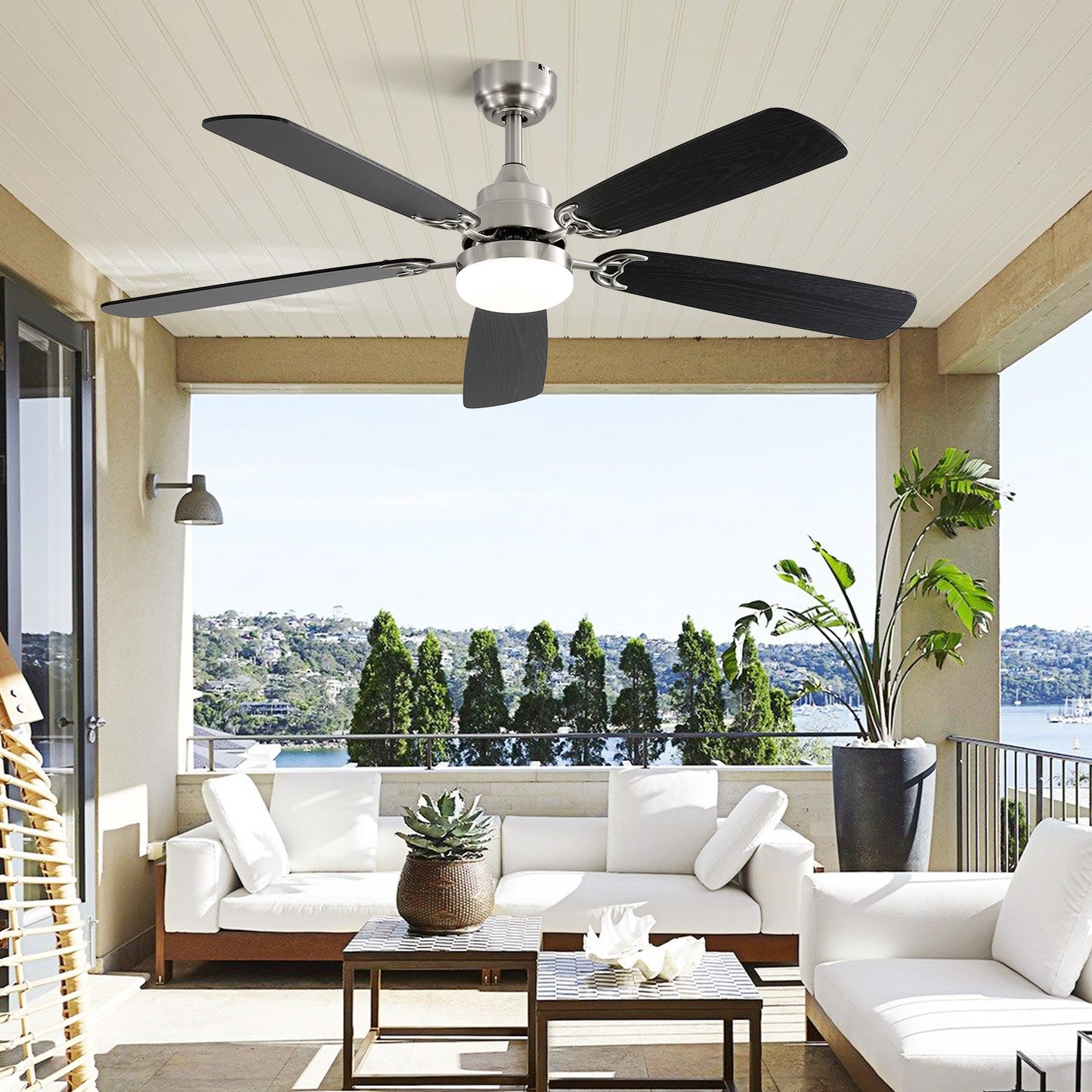 Mid-Century Modern Ceiling Fan With Light 52 inch Brushed whith Brown Black Blades