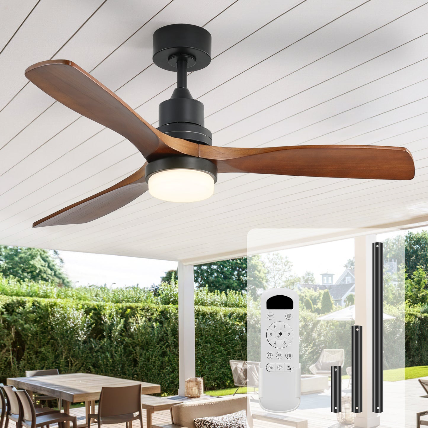 DICI MALL 52" Moderner Premium-Deckenventilator aus Massivholz für den Innen- und Außenbereich mit Licht und Fernbedienung