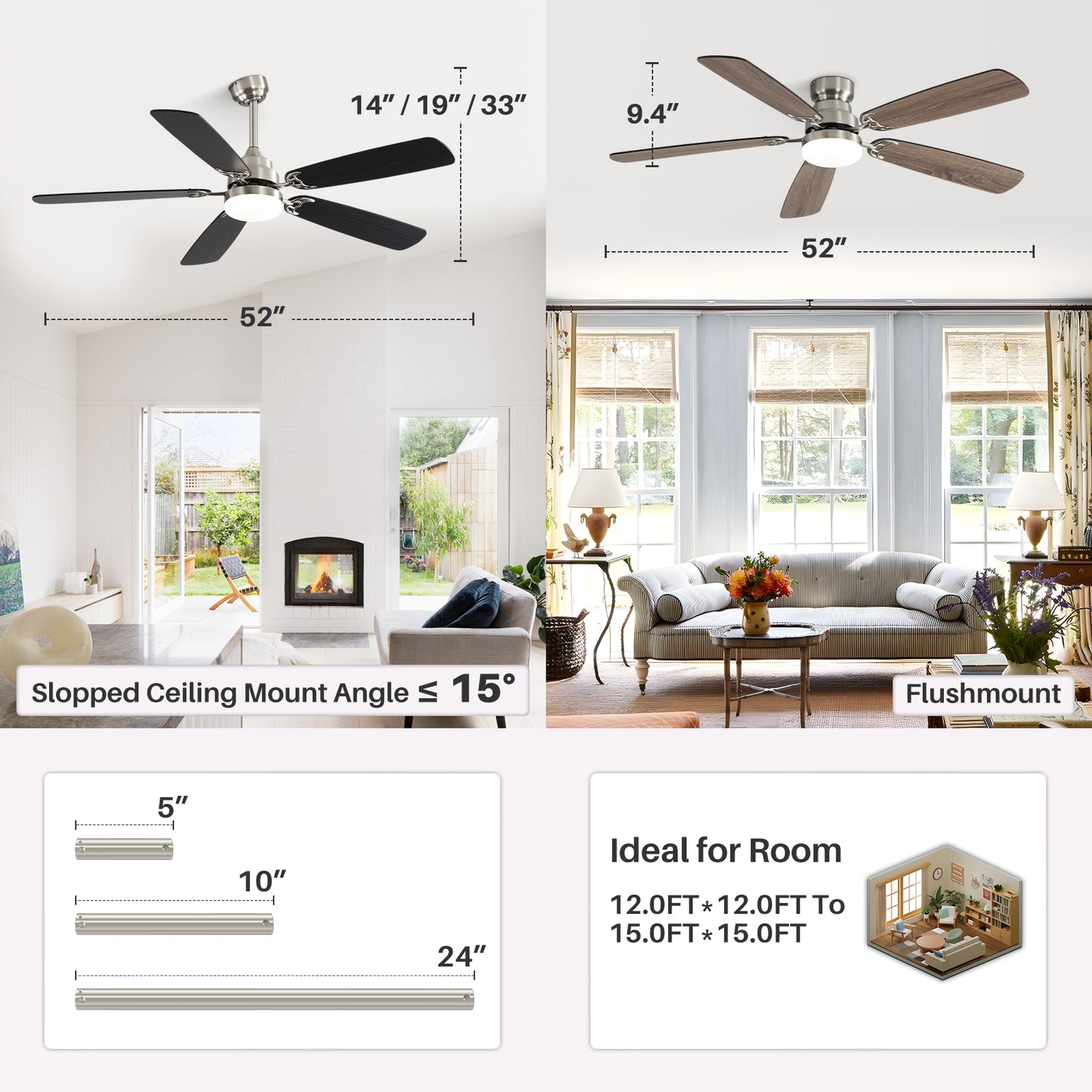 Mid-Century Modern Ceiling Fan With Light 52 inch Brushed whith Brown Black Blades
