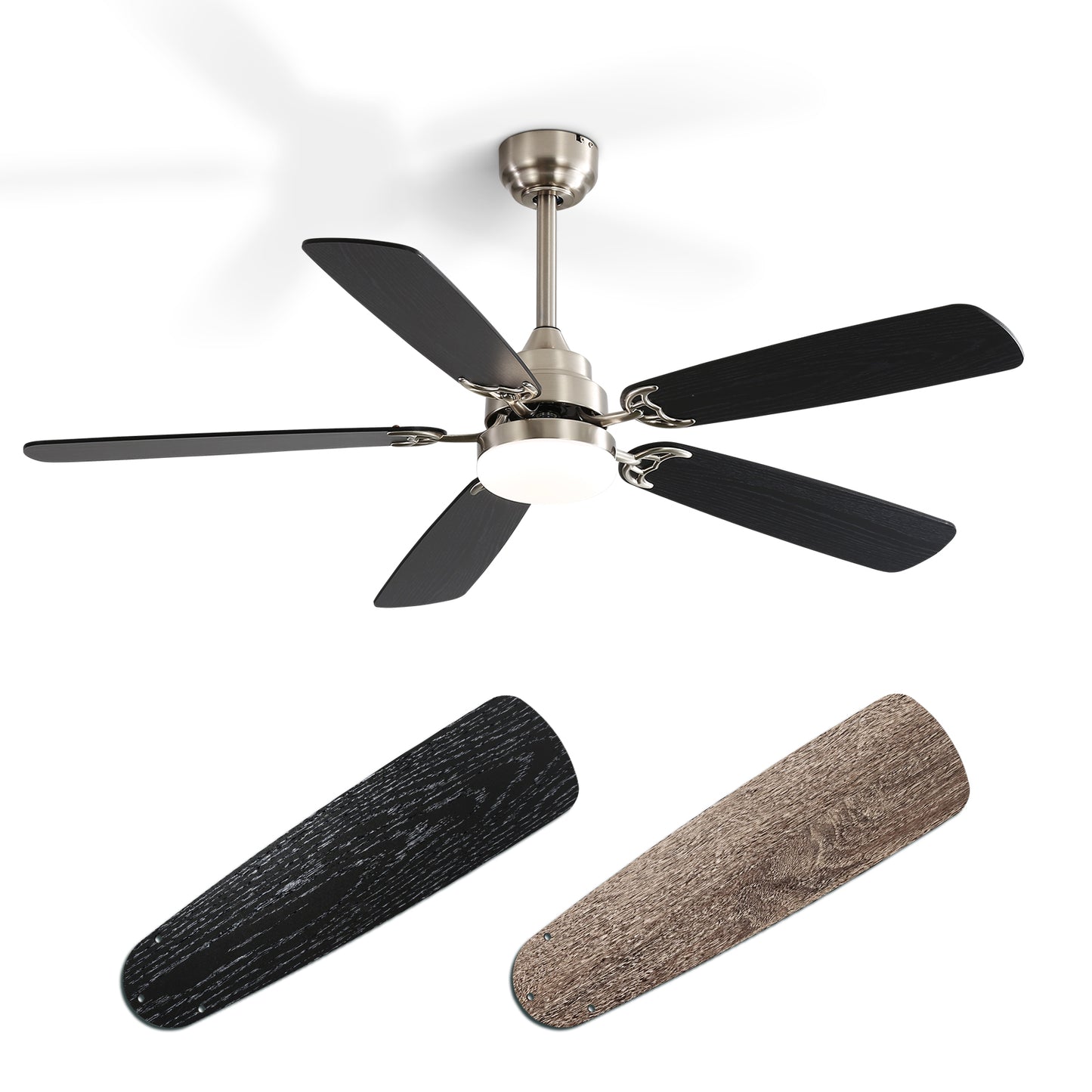 Mid-Century Modern Ceiling Fan With Light 52 inch Brushed whith Brown Black Blades