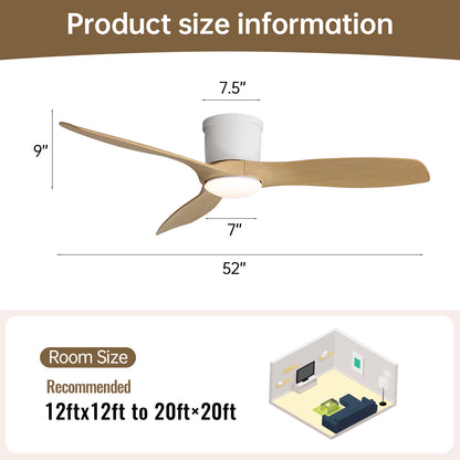 Sleek 52" Flush Mount Space Saving Smart APP & Remote Control 3-Blades Ceiling Fan with Light