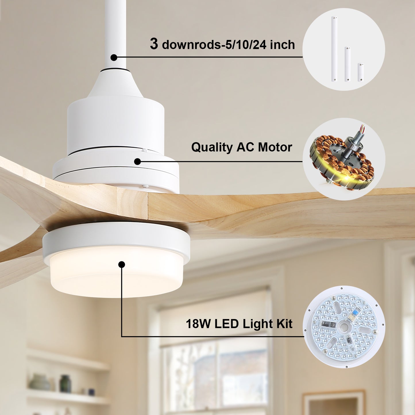 DICI MALL 52" Moderner Premium-Deckenventilator aus Massivholz für den Innen- und Außenbereich mit Licht und Fernbedienung