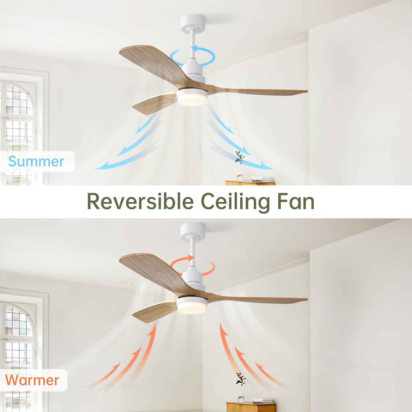 DICI MALL 52" Moderner Premium-Deckenventilator aus Massivholz für den Innen- und Außenbereich mit Licht und Fernbedienung