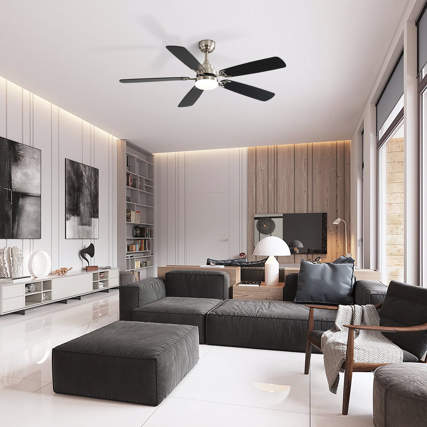 Takfläkt i modern stil med lampa, 52 tum, svart och bruna blad 